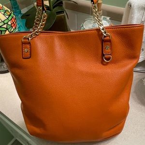 Michael Kors Fulton Chain Leather Shoulder Tote Large Handbag Tangerine